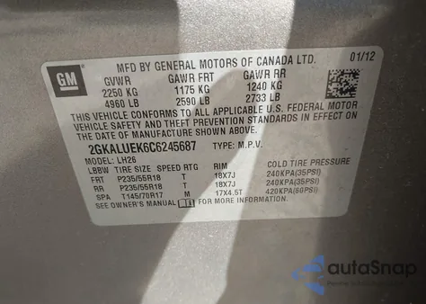 2012 GMC Terrain Slt-1 из США, поврежденный, VIN 2GKALUEK6C6245687